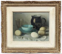 Jacques Blanchard (French, 1912-1992) Still life of a black glazed jug, turquoise glazed cup and