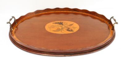 A 19th century mahogany, satinwood-crossbanded and marquetry two-handled oval serving tray in