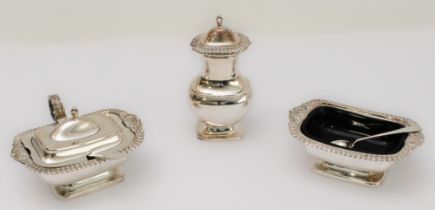 A modern three-piece heavy hallmarked silver cruet set in early 19th century style: lidded mustard