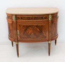 A Louis XVI style D-shaped mahogany, kingwood, marquetry and marble cabinet: late 20th century,