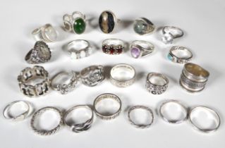 A collection of silver rings - including seven set with stones including moss agate, moonstone,