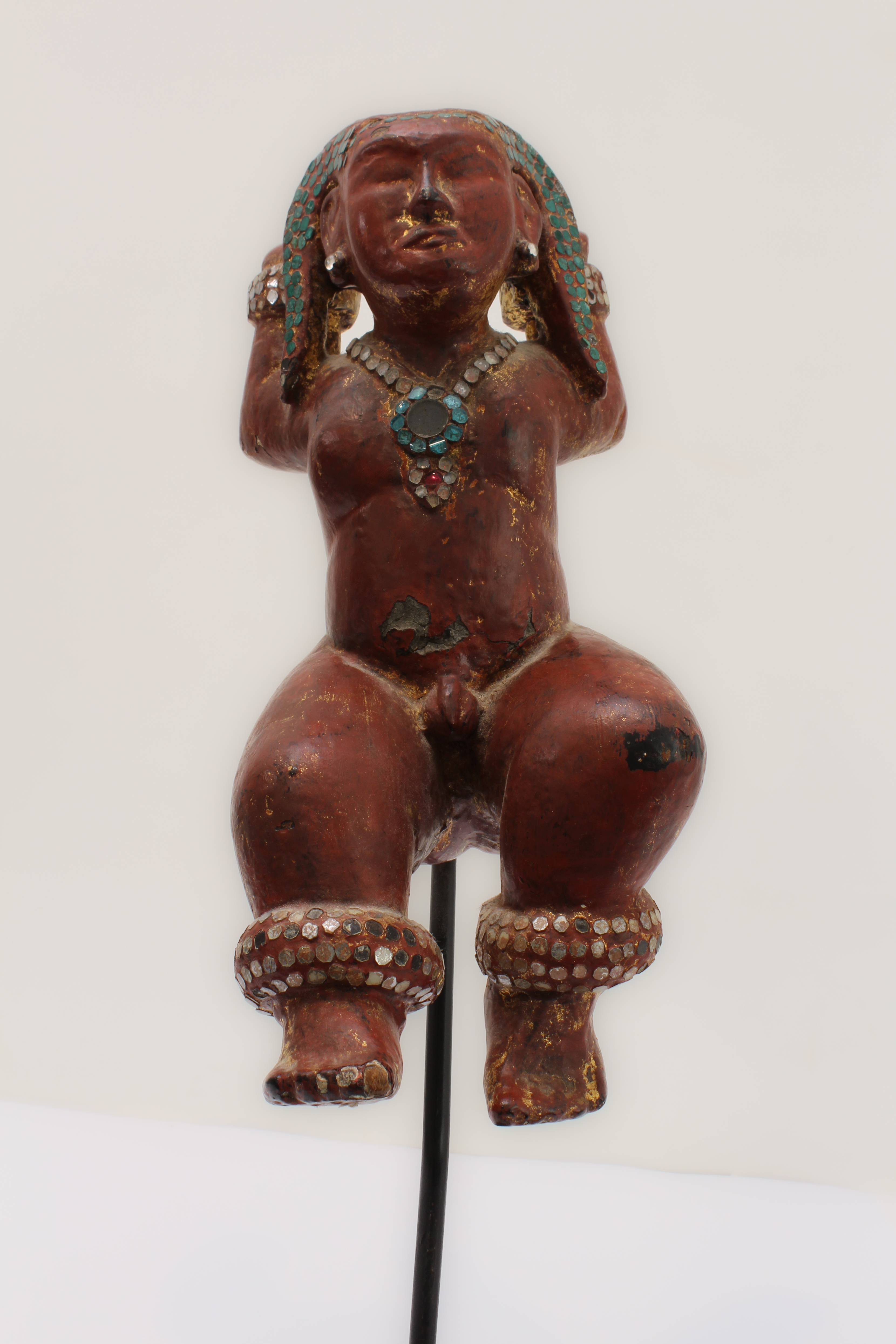 A Burmese wood and red lacquer jewelled figure of a deity: probably late 19th or early 20th century, - Image 4 of 4