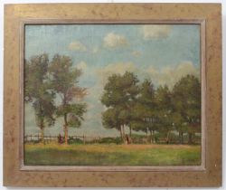 E * Hall (British 1930s) 'Young Elms'  Oil on canvas  17¾ x 22 in (45 x 56 cm) Condition: dirty