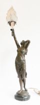 A French bronzed spelter figural lamp - 20th century, the Art Nouveau style figure of a classical