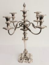 A large and fine hallmarked silver five-light table candelabra: the central candleholder with a