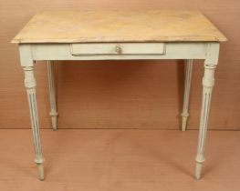 A 19th century painted French side table in Louis XVI style: the faux marble top with cleated ends