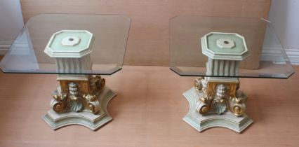 A pair of painted parcel-gilt carved wood and glass drinks or lamp tables: probably Italian, late