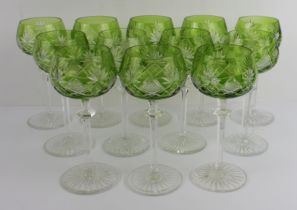 A set of twelve Val St. Lambert 'Berncastel' cut-glass hocks: light-green glass bowls, hexagonal cut