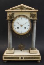 A circa 1900 French marble and gilt-metal portico clock: 10 cm white-enamel Roman dial signed '