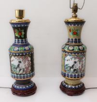 A pair of Chinese cloisonné vase table-lamps: late 20th century, each with two reserves of a cat and