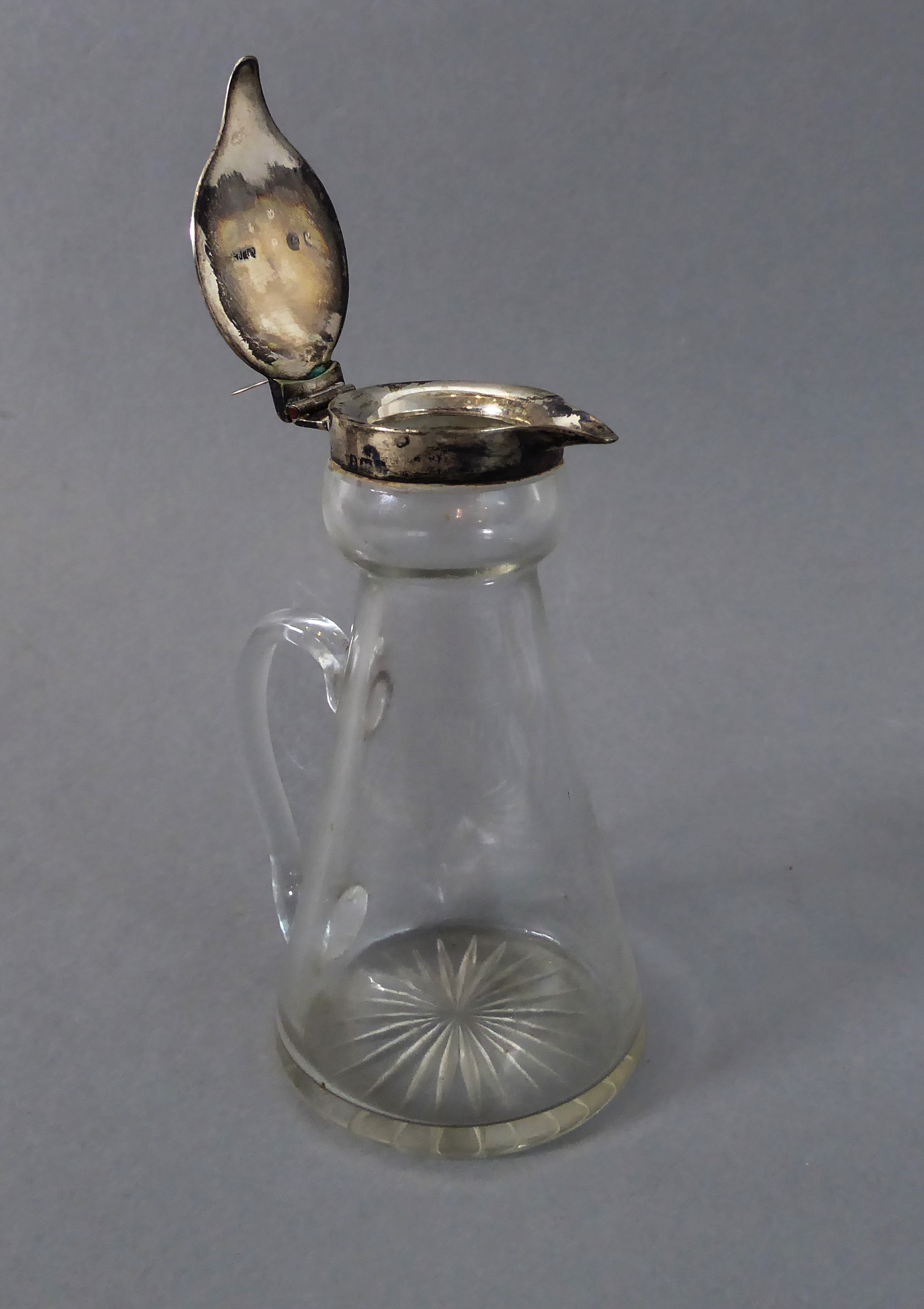 An early 20th century silver-mounted whiskey tot: conical form, hinged top with thumbpiece, - Image 3 of 4