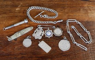 A mixed lot of 10 silver medals, coin pendants, fob chains etc.: 1. two medals, one with blue