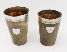 Two similar 19th century horn beakers of conical form: the larger (11.75 cm) mounted with a silver