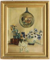 Noel Gibson (British, 1928-2005) Still life with pansies in a glazed bowl, Oriental figures, a