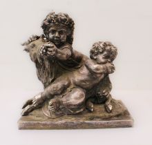 A silvered bronze Bacchanalian figural group: 20th century, depicting two Bacchanalian putti with