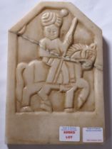 A carved white marble Indian panel (historic repair) depicting a Sheikh mounted upon a striding