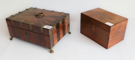 An early 19th century rosewood and satinwood vanity case (minus implements and with a disassembled