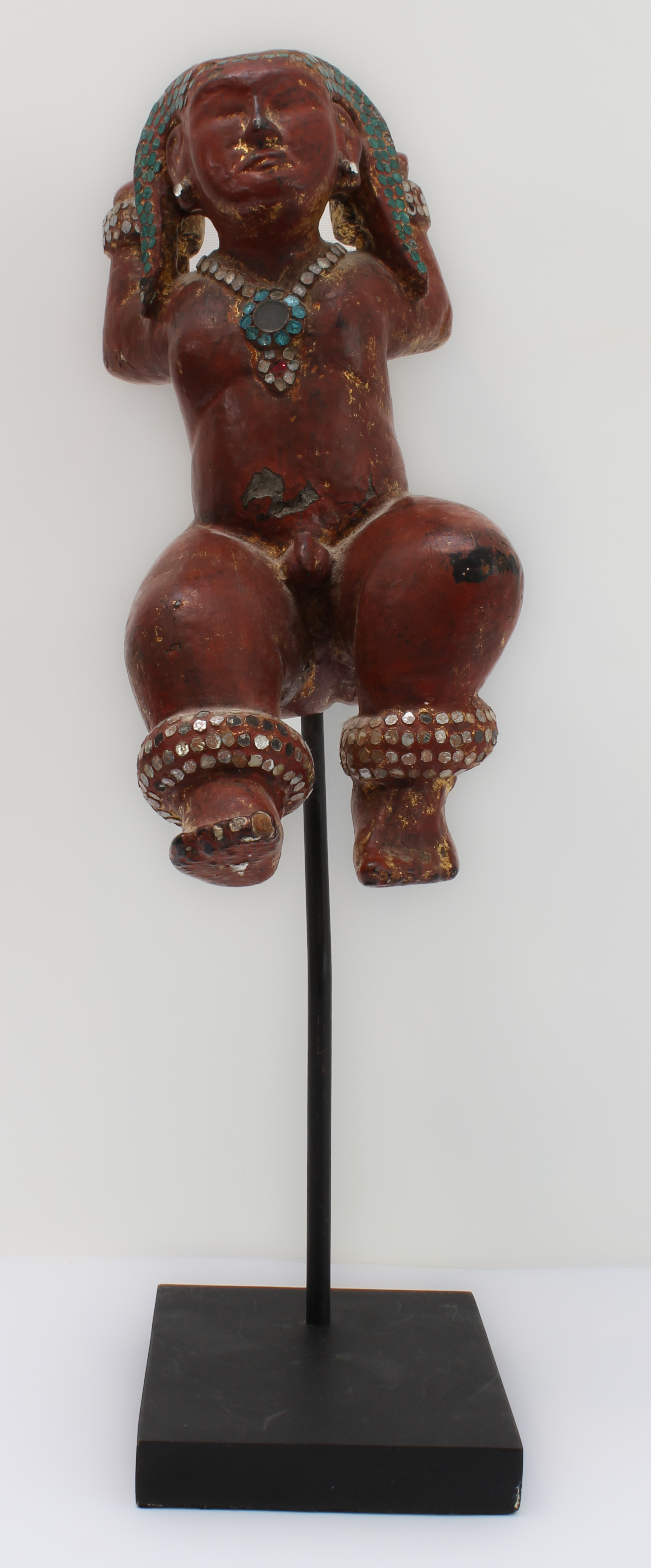 A Burmese wood and red lacquer jewelled figure of a deity: probably late 19th or early 20th century, - Image 2 of 4