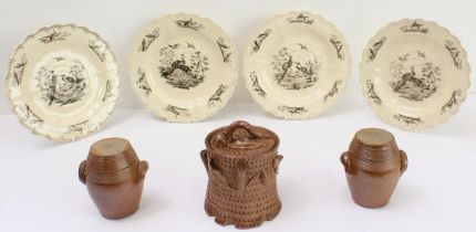 A group of seven: 1. a pair of 19th century salt-glaze stoneware pots and covers modelled as two-