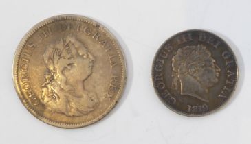 Two George III silver coins: an 1804 emergency issue 5s dollar and an 1819 half crown