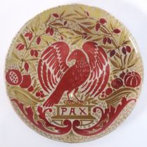 A late 19th century Maw & Co. Art Pottery charger: centrally decorated with an open-winged dove over