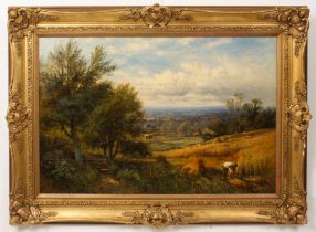 Alfred Augustus Glendening Snr (British, 1840-1921) Harvester at work on a hillside, an extensive