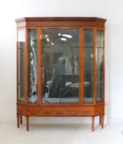 A fine late 19th century Sheraton Revival satinwood, crossbanded and painted display cabinet: dentil
