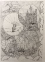 20th century school 'St George and the Dragon' pointillist monochrome print, signed in pencil