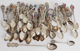 A selection of silver collector's teaspoons (hallmarked, sterling, 800 and low-grade) mostly with