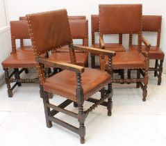 A harlequin set of eight oak and faux-leather dining chairs in the late 17th century style: