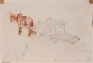 Circle of John Atkinson (British 1863-1924) Study with horse pulling farm machinery Pencil and red