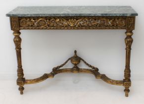 A 19th century giltwood and marble console table: rectangular verde-antico marble top over a foliate