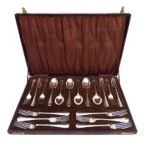 A cased set of George VI silver Hanoverian pattern flatware: Josiah Williams & Co, London 1940,