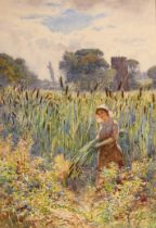 Joseph Kirkpatrick (British 1872-1936) ‘Gathering Bullrushes’  signed and dated 1901 Watercolour 9 ¼