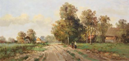 Continental School (late 20th century) Figures conversing on a country lane oil on canvas, signed