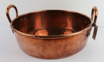 A large and heavy 19th century two-handled copper preserve pan:  Army & Navy CSL retailer's mark