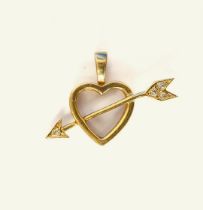 A 14ct yellow gold and diamond cupid's arrow pendant - the arrow set with four small brilliant