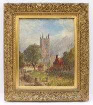 ALFRED DAWSON (British, act.1858-1922) - 'The Great Tower, Lincoln Cathedral', oil on chamfered