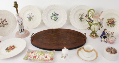 A kingwood, walnut and parquetry oval tray in the French taste - c.1900, the central walnut and