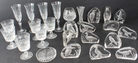 Twelve Wedgwood Crystal intaglio clear-glass bird paperweights - all with etched factory marks;