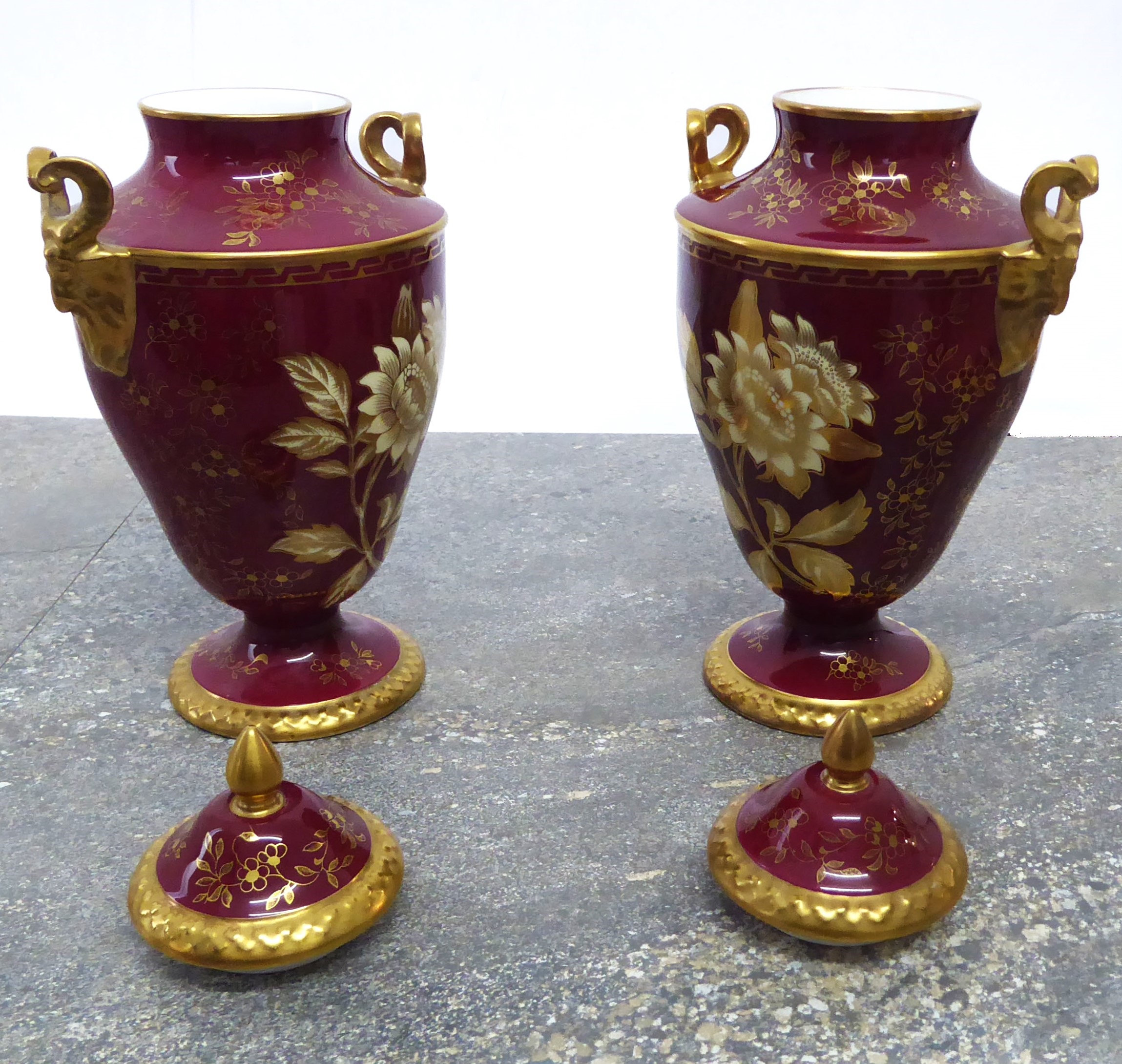 A pair of boxed Wedgwood Ruby Tonquin two-handled vases and covers - printed factory marks, of urn - Image 3 of 6