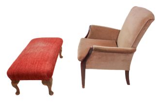 Two pieces: 1. an upholstered Parker Knoll armchair with show-wood front supports (LWH 68.5 x 81 cm)