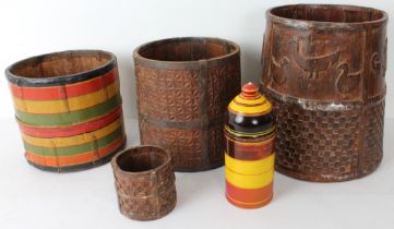 A collection of items to include: an antique Indian carved wooden pail: metal mounted and