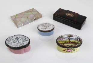 Five pieces: 1. three small early 19th century oval enamel patch boxes 2. a late Georgian