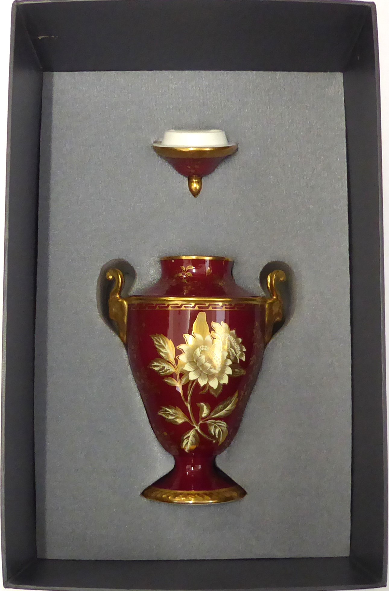 A pair of boxed Wedgwood Ruby Tonquin two-handled vases and covers - printed factory marks, of urn - Image 5 of 6