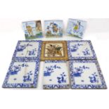 Nine antique tiles to include: a late 19th century transfer-decorated Aesthetic Movement tile;