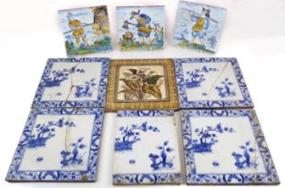 Nine antique tiles to include: a late 19th century transfer-decorated Aesthetic Movement tile;