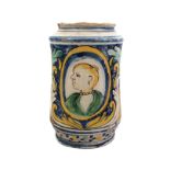 An Italian maiolica albarello, probably Montelupo - 16th / 17th century, of slightly waisted form,