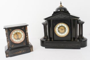 Two late 19th century slate mantel clocks - one with striking movement and architectural case, 38cm.