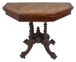 A 19th century foldover-top card-table - walnut and burr crossbanded: green baize interior,